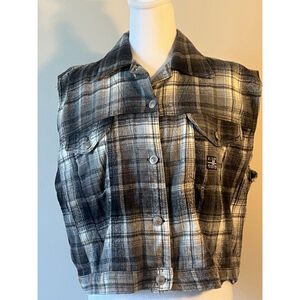 Vintage E.N.U.F. Blue Denim Plaid Flannel Vest Sleeveless Shirt Grunge Y2K